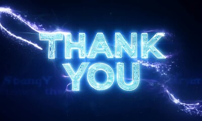 Thank you, text animation, in Ultra HD 4K with blue light graphics and a black background.