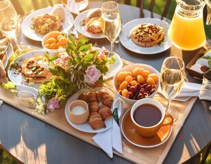 Breakfast with croissants, coffee, orange juice and berries. Generative ai image