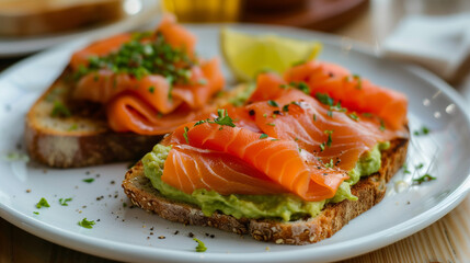 Guacamole toasts with red fish meat and greens on white plate