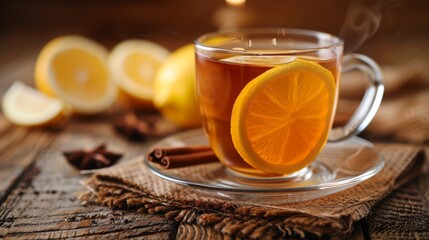 warm drink photography, cozy lemon tea with a slice of lemon and cinnamon stick on a rustic wooden background, perfect for any time of day and mood