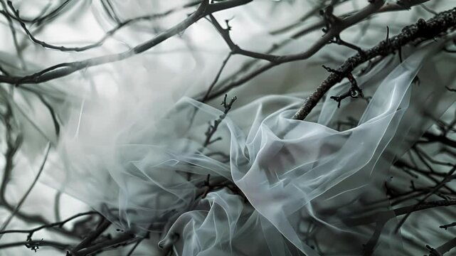 The veils fabric twists and turns through the twisting branches and vines of the forest creating a dreamy aura.
