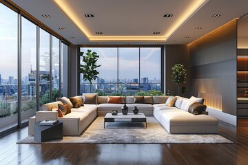 41 A luxurious modern living room with a spacious layout, featuring designer furniture and a stunning view. Wide angle, photorealistic, very detailed