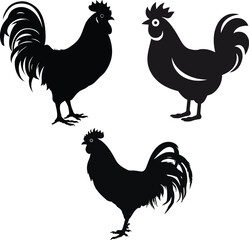 A bundle of hand drawn silhouette style Roster chicken silhouette vector illustrations for print.