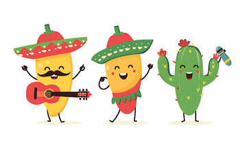 Naklejka premium Cartoon mariachi peppers with sombreros, playing music with maracas, guitar and trumpet. illustration.