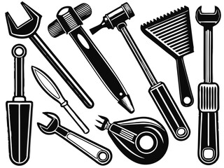 Hand tools, set of tools vector, set of tools for construction, tools icons set, set of garden tools, Comprehensive Set of Hand Tools Icons for Construction, Gardening, and DIY Projects - Vector 