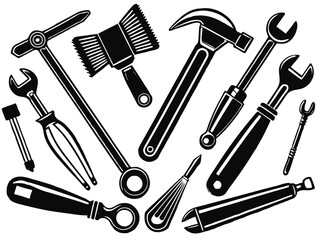 Hand tools, set of tools vector, set of tools for construction, tools icons set, set of garden tools, Comprehensive Set of Hand Tools Icons for Construction, Gardening, and DIY Projects - Vector 