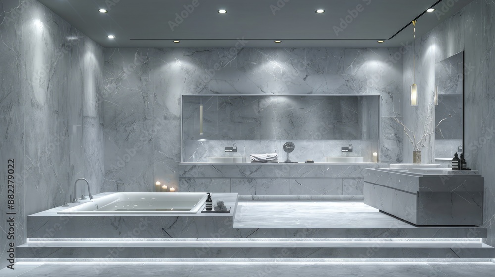 Wall mural A stylish grey marble bathroom featuring recessed LED lighting, a double vanity with marble countertops, and a freestanding tub on a raised platform.