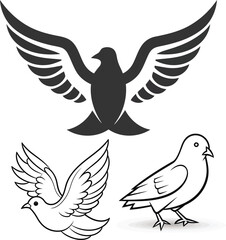 Obraz premium A set of pigeon birds' black and white silhouette vector illustrations for print.