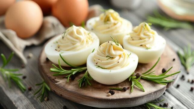 Close-up to hard boiled eggs served with mayonnaise cream on them