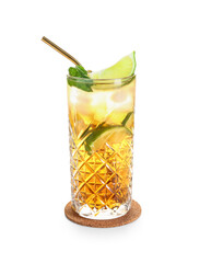 Glass of cold Long Island iced tea on white background