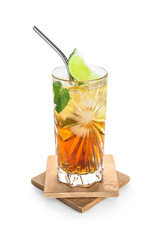 Glass of cold Long Island iced tea on white background