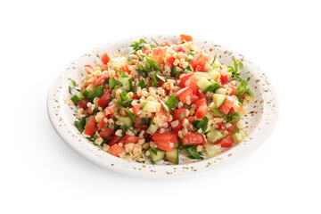 Plate with delicious tabbouleh salad on white background