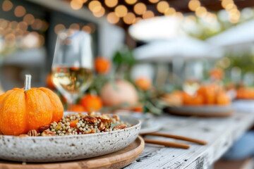 Naklejka premium Family having a meal outdoors, table setting with pumpkins and autumn decoration