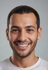 Obraz premium Portrait view of a regular happy smiling Algeria man, ultra realistic, candid, social media, avatar image, plain solid background
