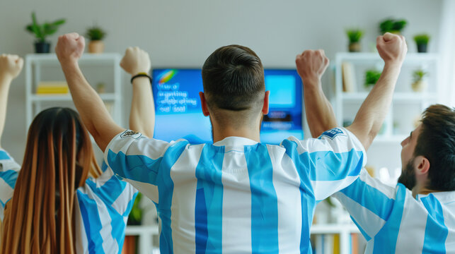 rear view of cheerful and excited argentinian futbol soccer fans supporting Argentina's national futbol soccer team at home. fans watching soccer match on TV