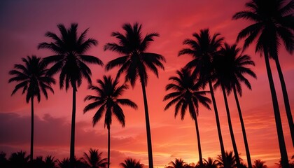 Obraz premium Silhouettes of palm trees stood against the tropical horizon Summer sunset painted the sky red Some clouds in the paradise scene