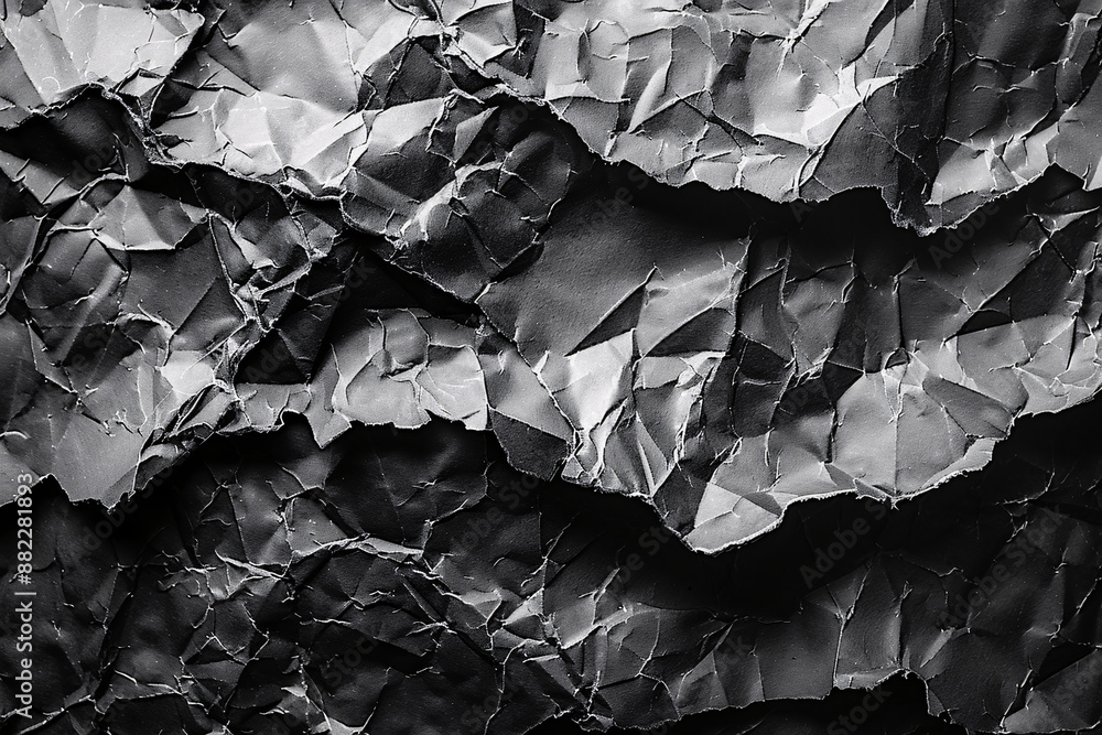 Poster a textured abstract of crumpled black paper, featuring jagged, fragmented layers that create a dynam