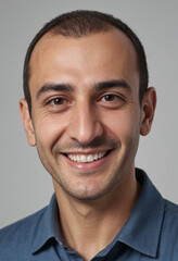 Fototapeta premium Portrait view of a regular happy smiling Azerbaijan man, ultra realistic, candid, social media, avatar image, plain solid background