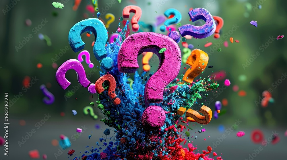 Poster colorful question marks exploding in various directions, symbolizing creativity, curiosity, and sear