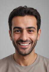 Obraz premium Portrait view of a regular happy smiling Iran man, ultra realistic, candid, social media, avatar image, plain solid background