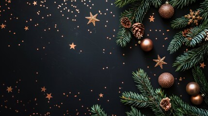 Festive Christmas Decor with Pine Branches, Stars, and Ornaments