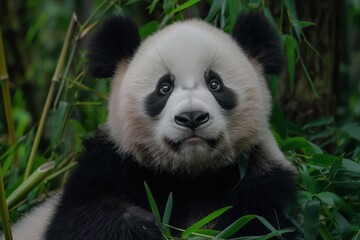 Fototapeta premium Adorable pandcub in lush green bamboo forest