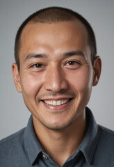 Portrait view of a regular happy smiling Kyrgyzstan man, ultra realistic, candid, social media, avatar image, plain solid background