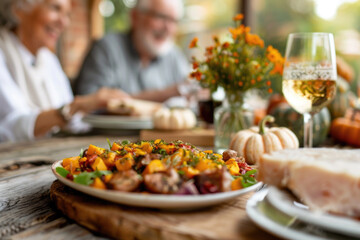 Thanksgiving table setting outdoors with pumpkins and candles. Autumn home decoration