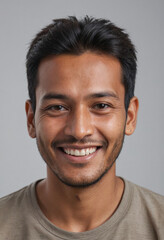 Fototapeta premium Portrait view of a regular happy smiling Nepal man, ultra realistic, candid, social media, avatar image, plain solid background