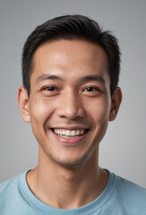 Fototapeta premium Portrait view of a regular happy smiling Singapore man, ultra realistic, candid, social media, avatar image, plain solid background