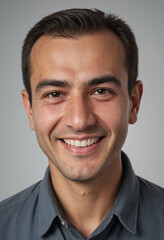 Obraz premium Portrait view of a regular happy smiling Tajikistan man, ultra realistic, candid, social media, avatar image, plain solid background