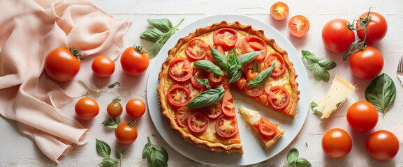 Tomatoes and cheese tart with on the table.