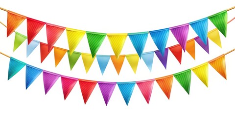 Fototapeta premium Vibrant colorful pennant chain with triangular flags in various bright hues hanging from a string, isolated on transparent and white backgrounds separately.
