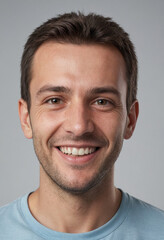 Obraz premium Portrait view of a regular happy smiling North Macedonia man, ultra realistic, candid, social media, avatar image, plain solid background