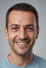 Obraz premium Portrait view of a regular happy smiling Romania man, ultra realistic, candid, social media, avatar image, plain solid background