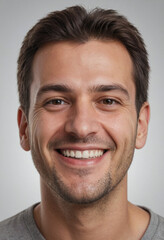 Obraz premium Portrait view of a regular happy smiling Romania man, ultra realistic, candid, social media, avatar image, plain solid background