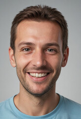 Obraz premium Portrait view of a regular happy smiling Slovenia man, ultra realistic, candid, social media, avatar image, plain solid background