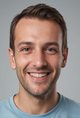 Obraz premium Portrait view of a regular happy smiling Switzerland man, ultra realistic, candid, social media, avatar image, plain solid background