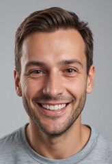 Obraz premium Portrait view of a regular happy smiling Switzerland man, ultra realistic, candid, social media, avatar image, plain solid background