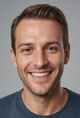 Fototapeta premium Portrait view of a regular happy smiling Switzerland man, ultra realistic, candid, social media, avatar image, plain solid background