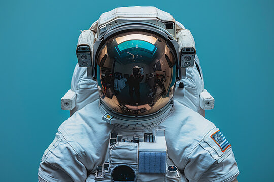 An astronaut in a white space suit poses against a turquoise background, the helmet's visor reflecting a detailed scene, complete with American flag patch visible