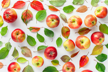 Naklejka premium Autumn flat lay background with red and green leaves, apples on white background, top view, minimalistic style,