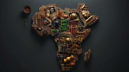 Naklejka premium Map of Africa formed by African cultural artifacts, objects and tools on dark background, Africa map mosaic