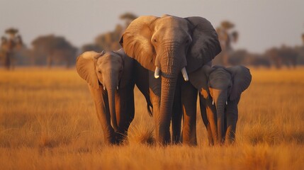 Naklejka premium Africelephant family at sunset