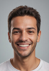 Fototapeta premium Portrait view of a regular happy smiling Brazil man, ultra realistic, candid, social media, avatar image, plain solid background