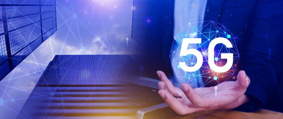 5G network concept for background, holographic digital globe with interconnected 5G symbols, 5G technology in modern business and communication, digital transformation.