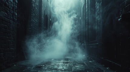 eerie white fog rolling in a dark alley, a chilling halloween banner creating the perfect ambiance for a thrilling night of frights