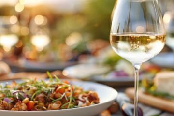 Happy family and friends dining and drinking red wine at the dinner party, Focus on wine glass