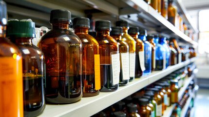 Laboratory Bottles on Storage Shelf. A detailed image of various colored glass bottles lined up on a storage shelf in a laboratory, used for scientific research and experiments.
