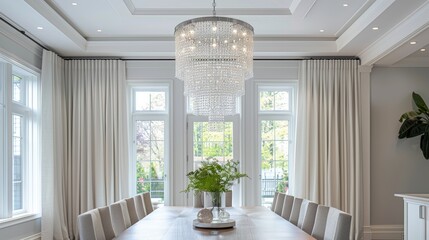 Fototapeta premium luxurious chandelier design, crystal bead cascade from ceiling lamp creates stunning focal point in airy dining room, adding sparkle and elegance